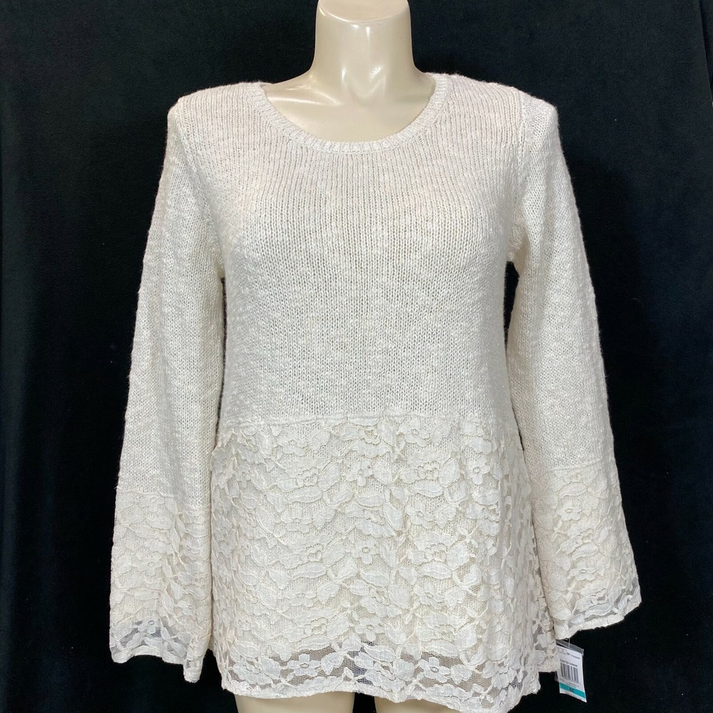 NWT STYLE & CO Tunic 0X Warm Ivory Metallic Lace Overlay Long Sl Sweater